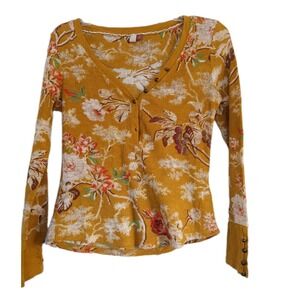 Pilcro Anthropologie Henley  Shirt Top Floral Mustard Yellow Waffle Small